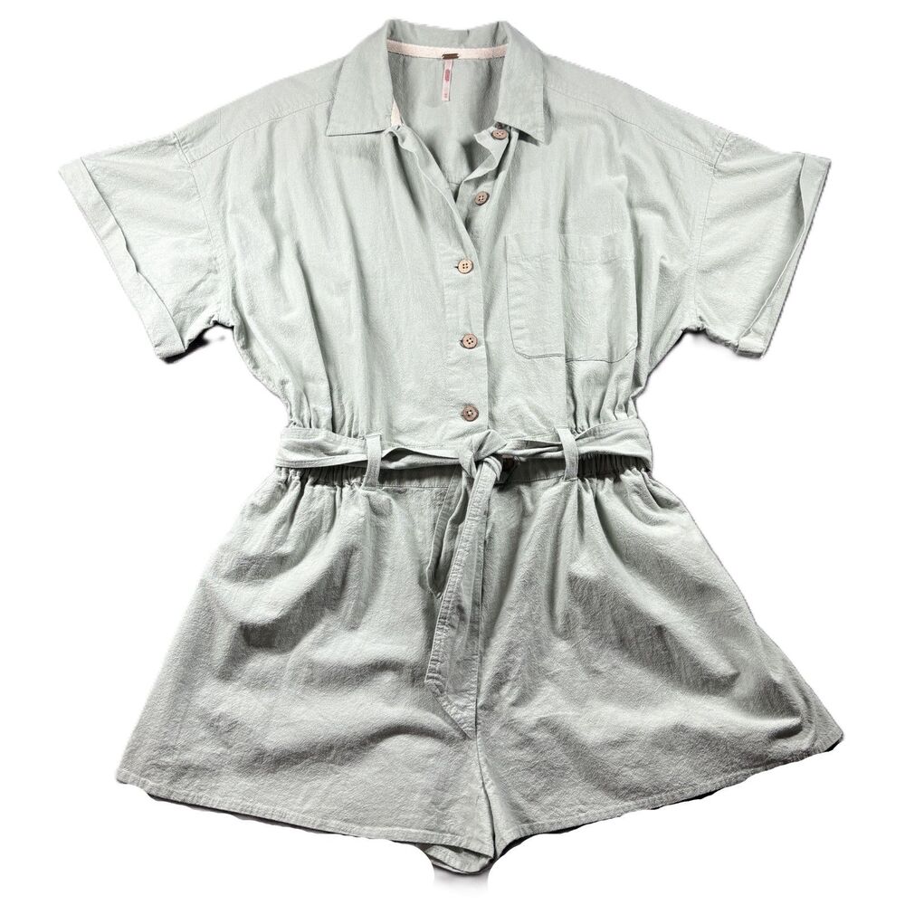 Free People Women No Plans Romper Elastic Waist Button Front Mint Green Med M233